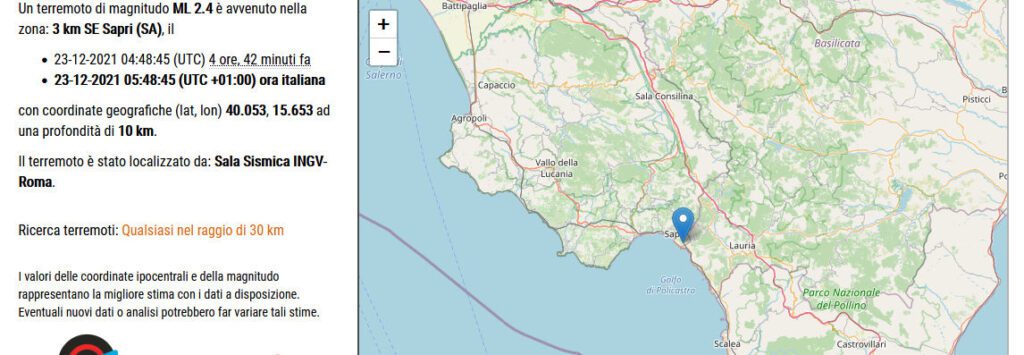 terremoto 1024x355 - INGV: due scosse sismiche a 3km da Sapri